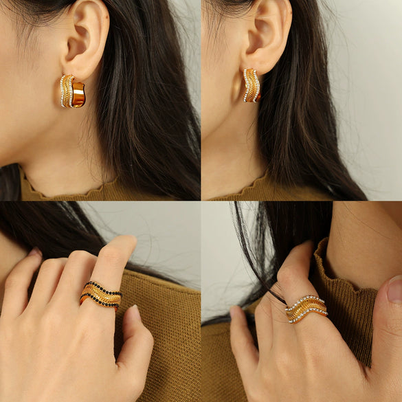 Fashion Snake Scale Texture Inlaid Czech Diamond 316L Stainless Steel Earrings And Ring