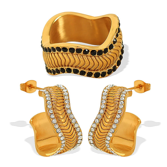 Fashion Snake Scale Texture Inlaid Czech Diamond 316L Stainless Steel Earrings And Ring