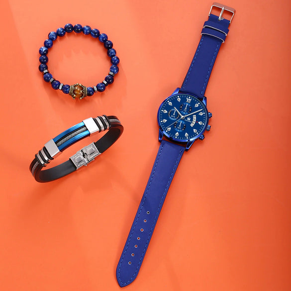 Fashion Sports Personality Explosions Men's Quartz Watch And Beaded Bracelet 2Piece Set Alloy Case Imitation Leather Strap Stainless Steel Clasp Round Dial