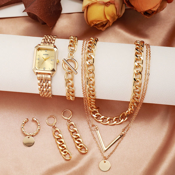 Fashion Square Bracelet Watch Hip Hop Spice Multilayer Necklace Sweater Chain Jewelry Alloy Artificial Zircon Ordinary Glass Mirror