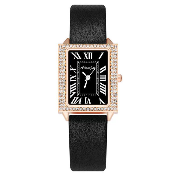 Fashion Square Diamondencrusted Women's Watch With Alloy Case Imitation Leather Strap And Metal Buckle