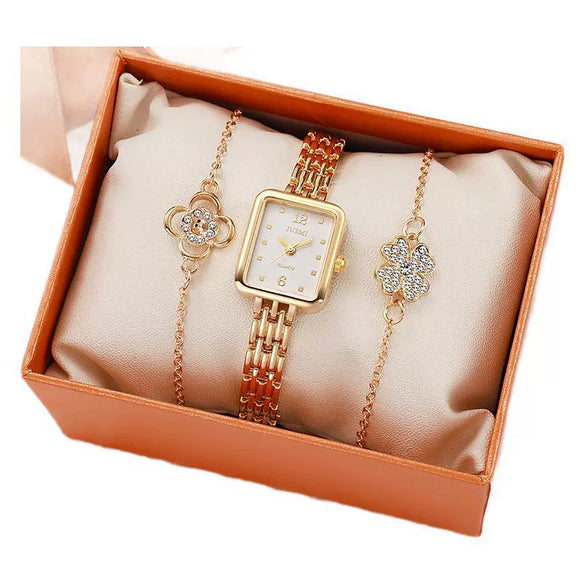 Fashion Square Ins Diamond Women's Watch And Four Leaf Clover Flower Bracelet Set Alloy Material