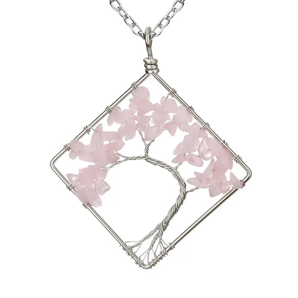 Fashion Square Tree Natural Stone Crystal Metal Beaded Hollow Out Pendant Necklace 1 Piece