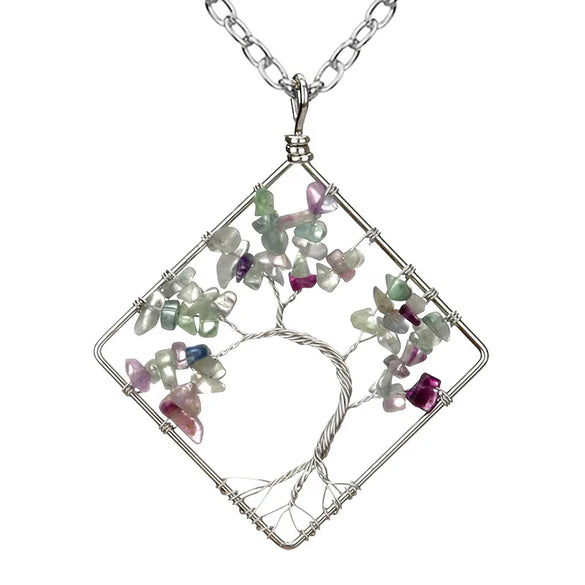 Fashion Square Tree Natural Stone Crystal Metal Beaded Hollow Out Pendant Necklace 1 Piece