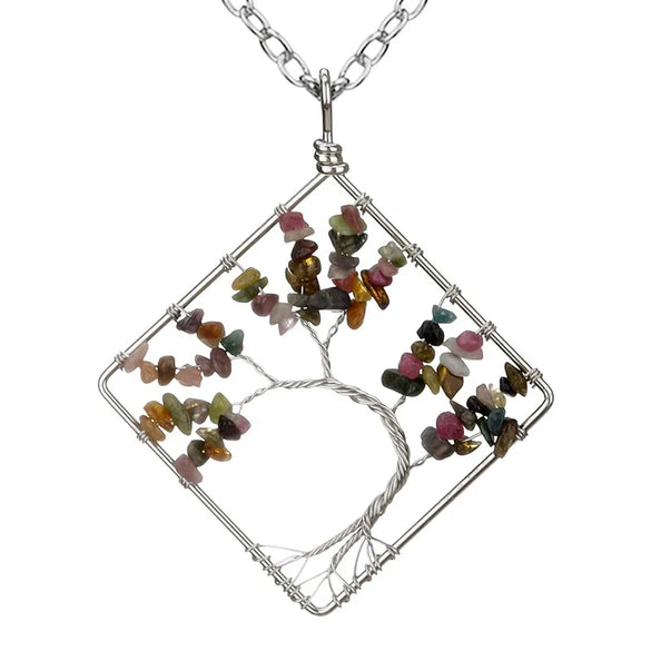 Fashion Square Tree Natural Stone Crystal Metal Beaded Hollow Out Pendant Necklace 1 Piece