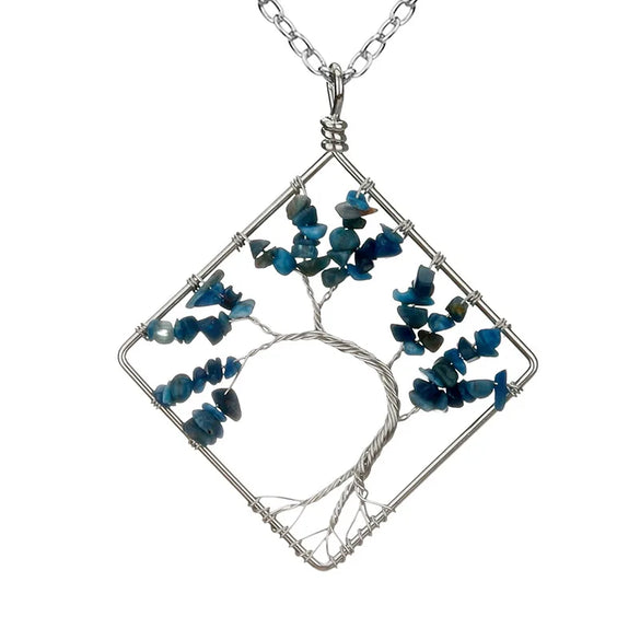 Fashion Square Tree Natural Stone Crystal Metal Beaded Hollow Out Pendant Necklace 1 Piece