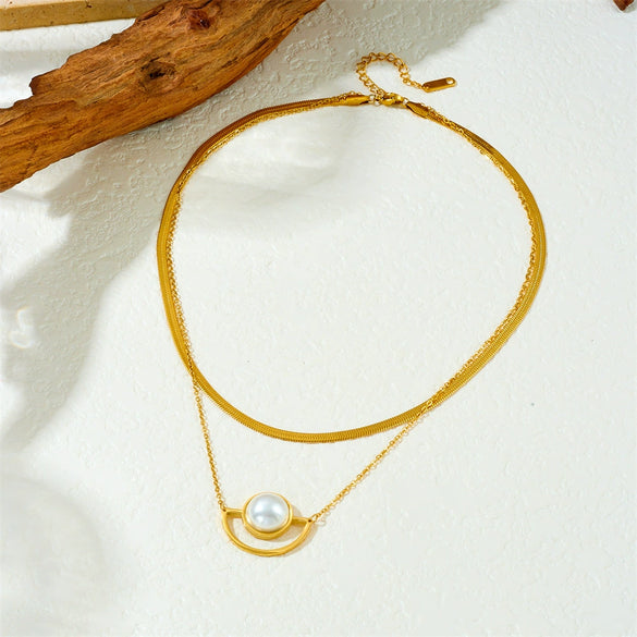 Fashion Stacked Multilayer Chain Stainless Steel Geometric Fan Pendant Goldplated Women's Jewelry Necklace