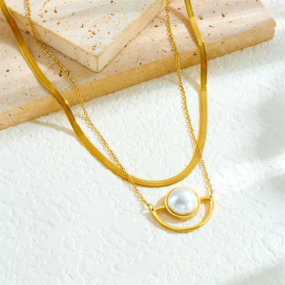Fashion Stacked Multilayer Chain Stainless Steel Geometric Fan Pendant Goldplated Women's Jewelry Necklace