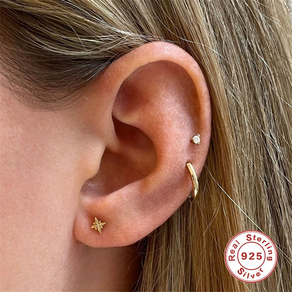 Fashion Stacked Women's Sterling Silver Earrings Three Piece Set With Stars And Devil's Eye Geometric Patterns Electroplated