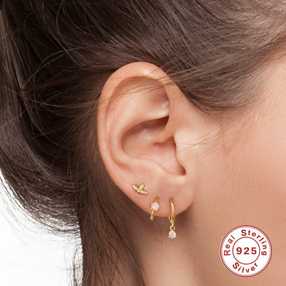 Fashion Stacked Women's Sterling Silver Earrings Three Piece Set With Stars And Devil's Eye Geometric Patterns Electroplated