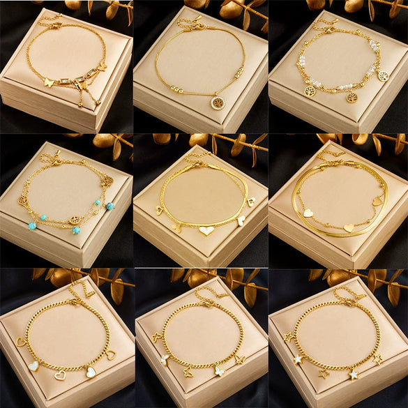Fashion Stacking Style Stainless Steel Ladies Anklet With Love White Shell Tree Of Life Butterfly And Heart Shape Pendant