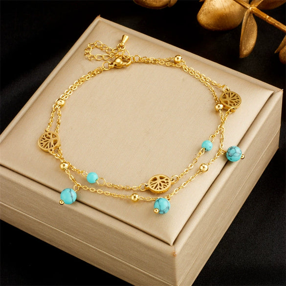 Fashion Stacking Style Stainless Steel Ladies Anklet With Love White Shell Tree Of Life Butterfly And Heart Shape Pendant