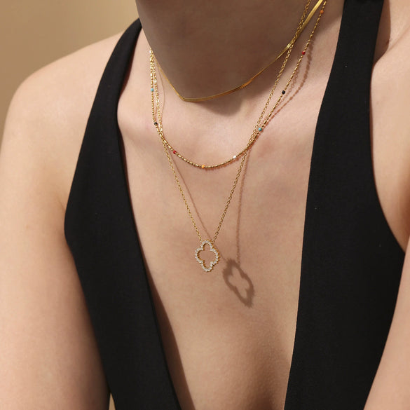 Fashion 316L Stainless Steel And 316L Stainless Steel Plated 18K Gold Fourleaf Flower Necklace And Bracelet Set For Women