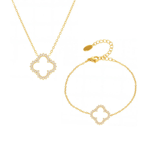 Fashion 316L Stainless Steel And 316L Stainless Steel Plated 18K Gold Fourleaf Flower Necklace And Bracelet Set For Women