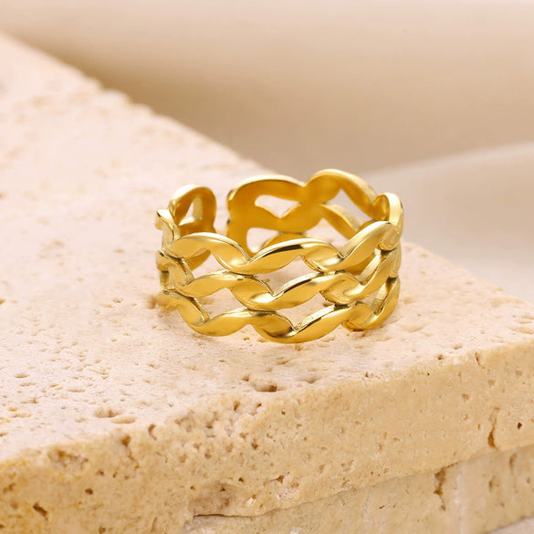 Fashion Stainless Steel Bow Opening Ring Retro Style Real Gold Electroplated