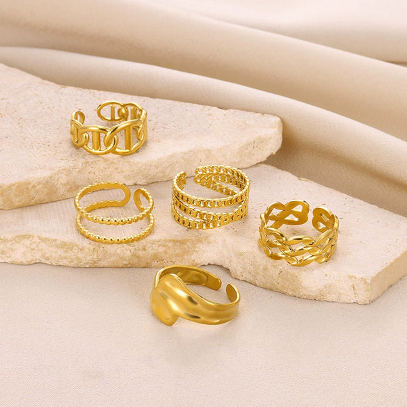 Fashion Stainless Steel Bow Opening Ring Retro Style Real Gold Electroplated