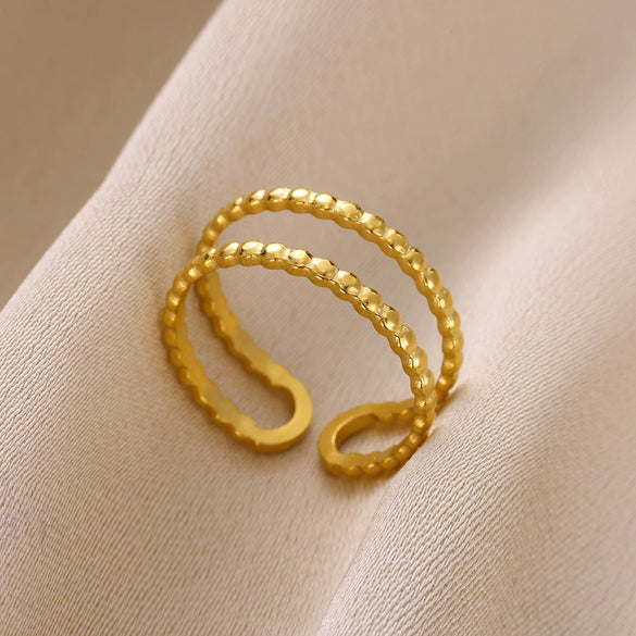 Fashion Stainless Steel Bow Opening Ring Retro Style Real Gold Electroplated