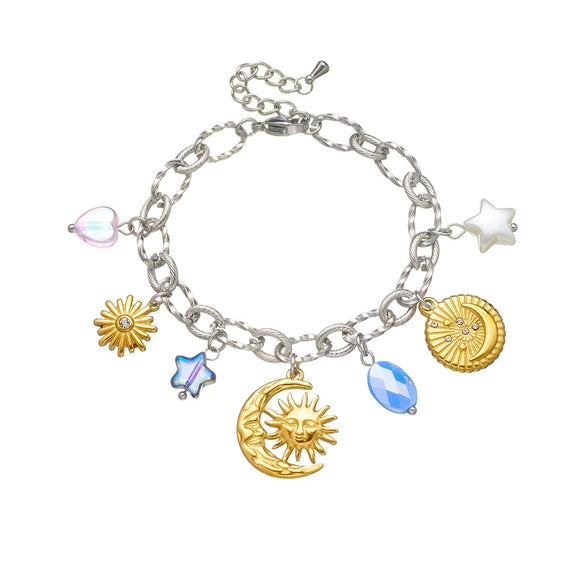Fashion Stainless Steel Bracelet With Oil Dripping Tulip Moon Star Heart Shape Flower And Geometric Patterns Electroplated