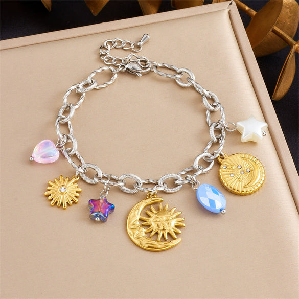Fashion Stainless Steel Bracelet With Oil Dripping Tulip Moon Star Heart Shape Flower And Geometric Patterns Electroplated