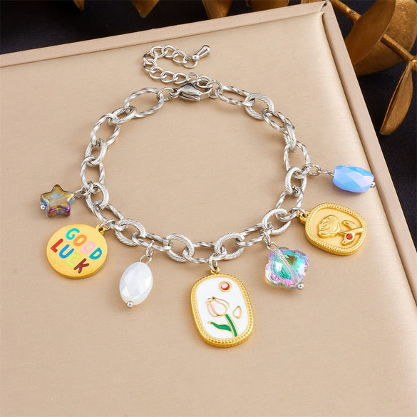 Fashion Stainless Steel Bracelet With Oil Dripping Tulip Moon Star Heart Shape Flower And Geometric Patterns Electroplated