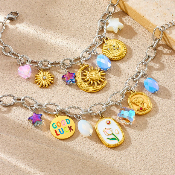 Fashion Stainless Steel Bracelet With Oil Dripping Tulip Moon Star Heart Shape Flower And Geometric Patterns Electroplated