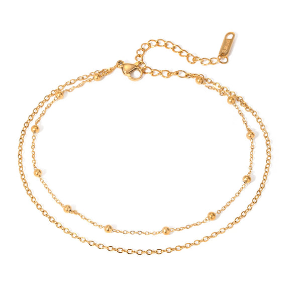 Fashion Stainless Steel Double Layer Ball Bead Chain Anklets 18K Gold Plated Geometric Style Women's Jewelry