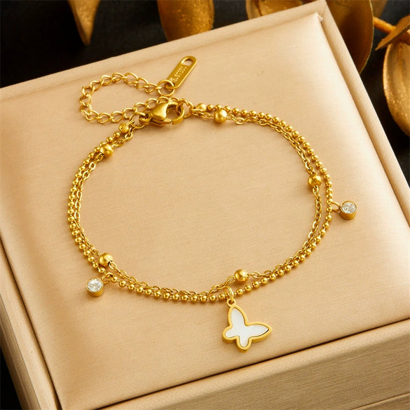Fashion Stainless Steel Double Layer Stacked Chain Butterfly Pendant Women's Bracelet With Diamond And Electroplating Treatment
