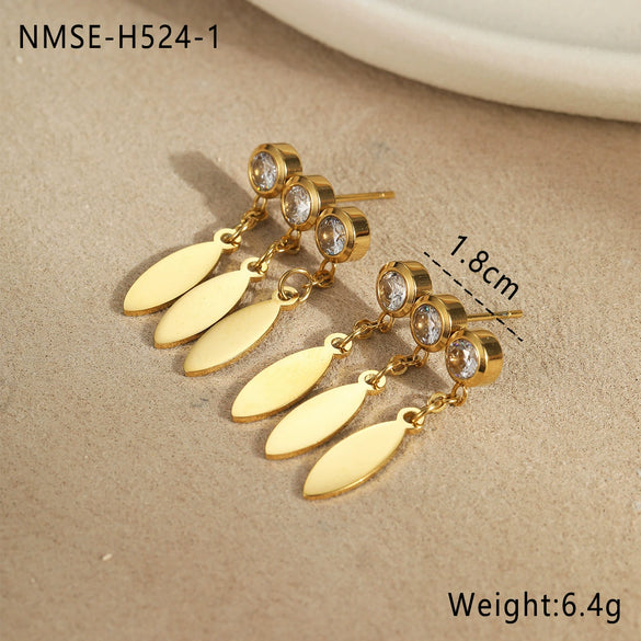 Fashion Stainless Steel Earrings With Geometric Pattern Inlaid With Zircon Tassel Pendant Electroplated For Women