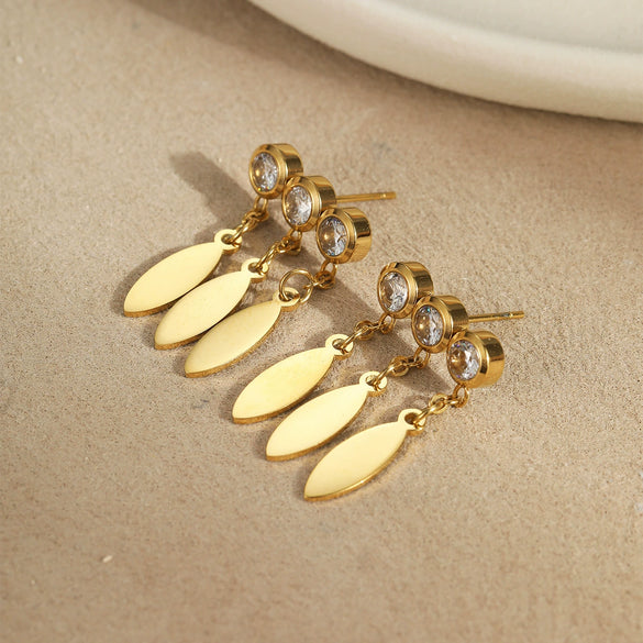 Fashion Stainless Steel Earrings With Geometric Pattern Inlaid With Zircon Tassel Pendant Electroplated For Women