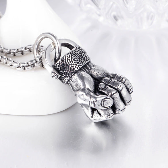 Fashion Stainless Steel Fist Pendant Necklace With Geometric Design And Electroplating