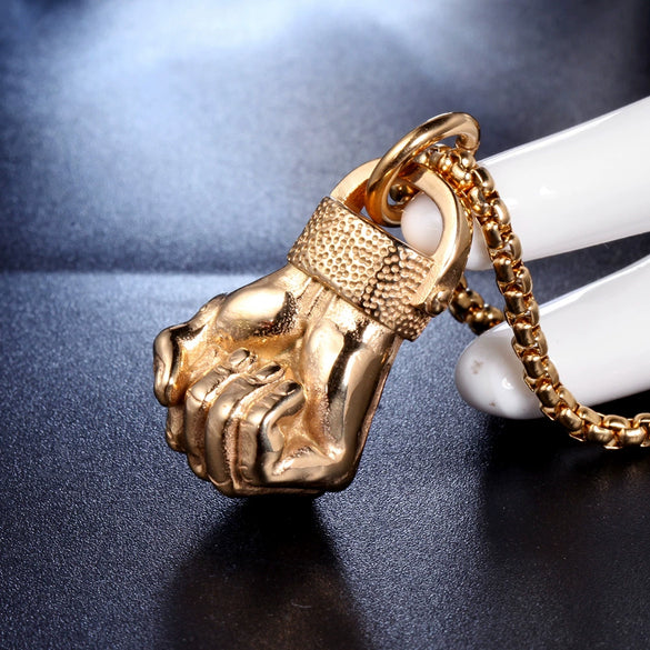Fashion Stainless Steel Fist Pendant Necklace With Geometric Design And Electroplating
