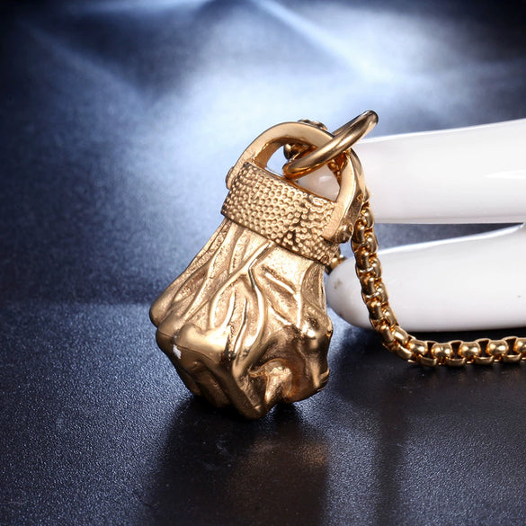 Fashion Stainless Steel Fist Pendant Necklace With Geometric Design And Electroplating