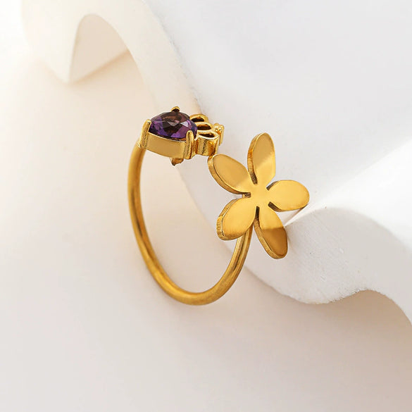 Fashion Stainless Steel Flower Geometric Opening Adjustable Ring With Electroplating For Women
