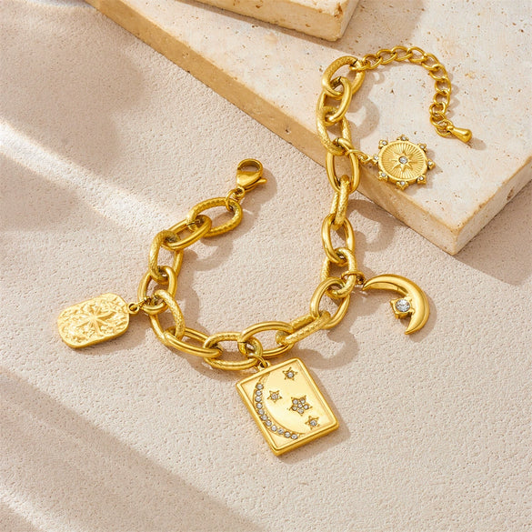 Fashion Stainless Steel Geometric Square Diamond Star Moon Pendant Bracelet Gold Plated