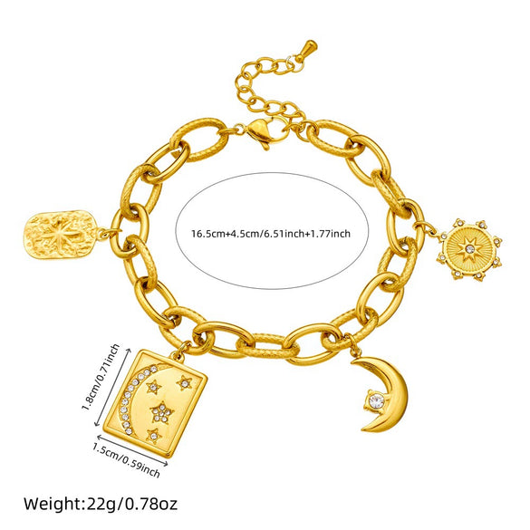 Fashion Stainless Steel Geometric Square Diamond Star Moon Pendant Bracelet Gold Plated