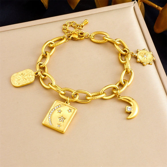 Fashion Stainless Steel Geometric Square Diamond Star Moon Pendant Bracelet Gold Plated