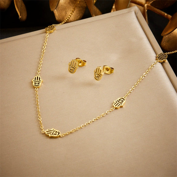 Fashion Stainless Steel Gold Plated Hollow Palm Jewelry Set Necklace Earrings Bracelet