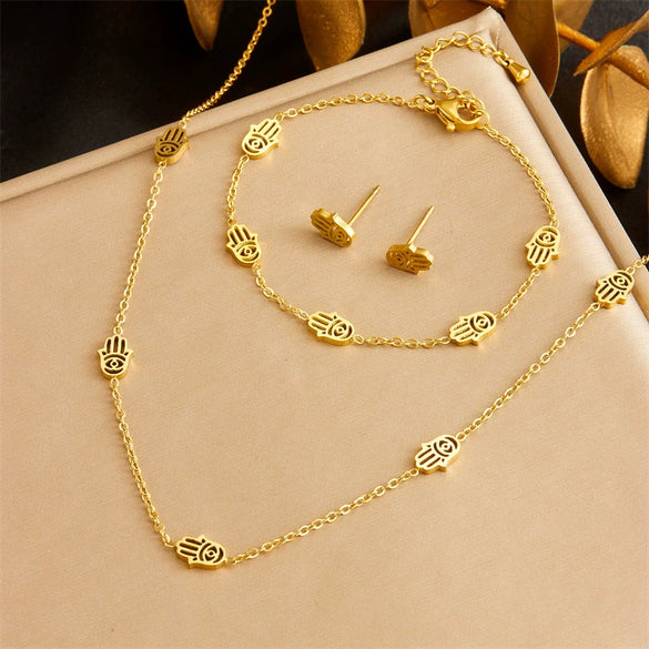 Fashion Stainless Steel Gold Plated Hollow Palm Jewelry Set Necklace Earrings Bracelet