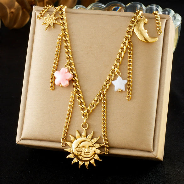 Fashion Stainless Steel Gold Plated Tassel Star Moon Pendant Necklace For Women