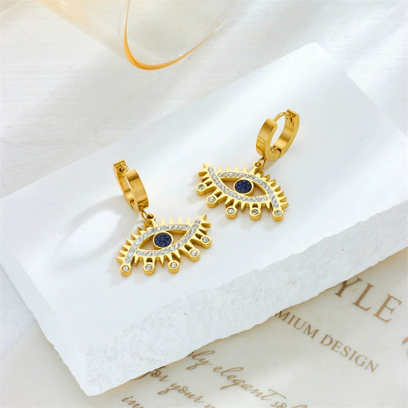 Fashion Stainless Steel Goldplated Hollow Eye Earrings With Inlaid Blue Diamond