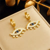 Fashion Stainless Steel Goldplated Hollow Eye Earrings With Inlaid Blue Diamond