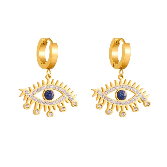 Fashion Stainless Steel Goldplated Hollow Eye Earrings With Inlaid Blue Diamond