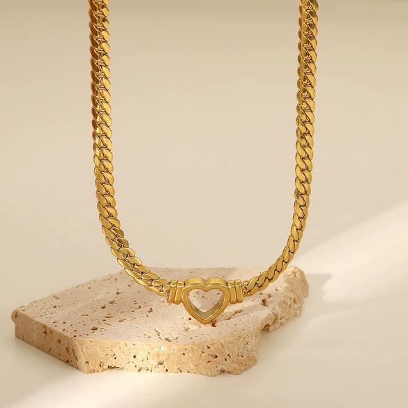 Fashion Stainless Steel Heart Shape Cuban Snake Chain Necklace With Love Pendant 14K Gold Plated