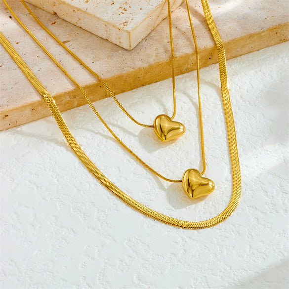 Fashion Stainless Steel Heart Shape Pendant Multi Layer Chain Necklace With Gold Plated Electroplating Process For Women