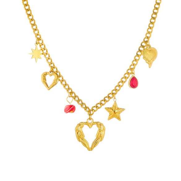 Fashion Stainless Steel Jewelry Necklace With Goldplated Hollow Love And Fivepointed Star Shapes Electroplated Design