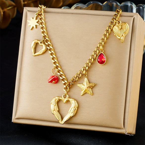 Fashion Stainless Steel Jewelry Necklace With Goldplated Hollow Love And Fivepointed Star Shapes Electroplated Design