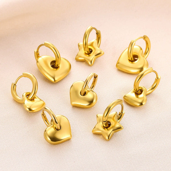 Fashion Stainless Steel 18K Gold Heartshaped And Starpatterned Women's Earrings Set