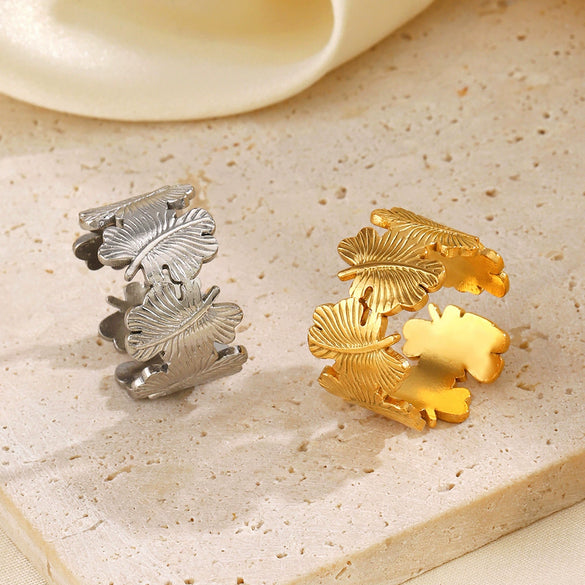 Fashion Stainless Steel Leaf Ring Women's Popular Opening Adjustable Jewelry With Electroplating Treatment And Plant Flower Style