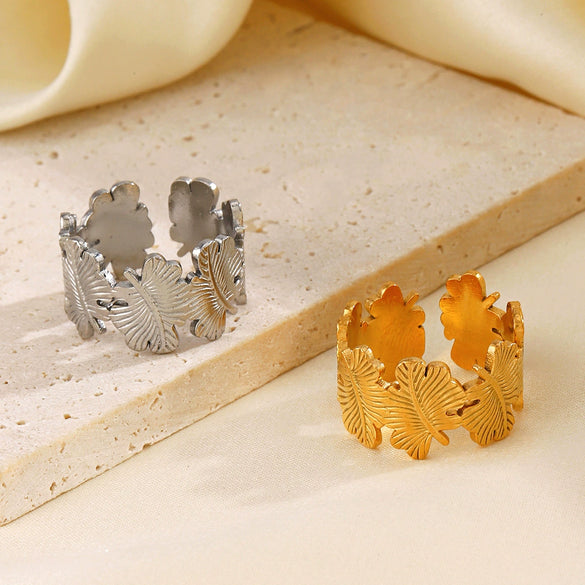 Fashion Stainless Steel Leaf Ring Women's Popular Opening Adjustable Jewelry With Electroplating Treatment And Plant Flower Style