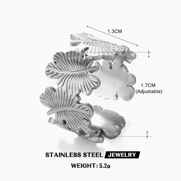 Fashion Stainless Steel Leaf Ring Women's Popular Opening Adjustable Jewelry With Electroplating Treatment And Plant Flower Style
